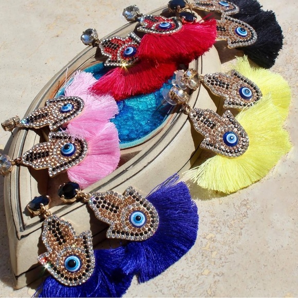 NEW! Boho Fringe Tassel Evil Eye Hamsa Hand Crystal Drop Earrings - Picture 5 of 9